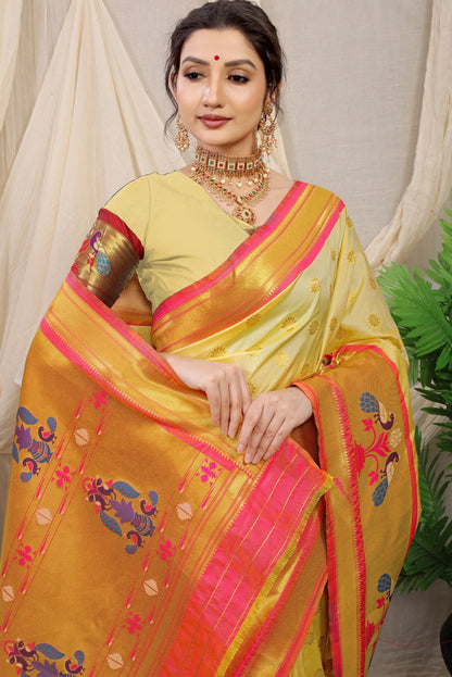 Arresting Beige Paithani Silk Saree With Splendorous Blouse Piece