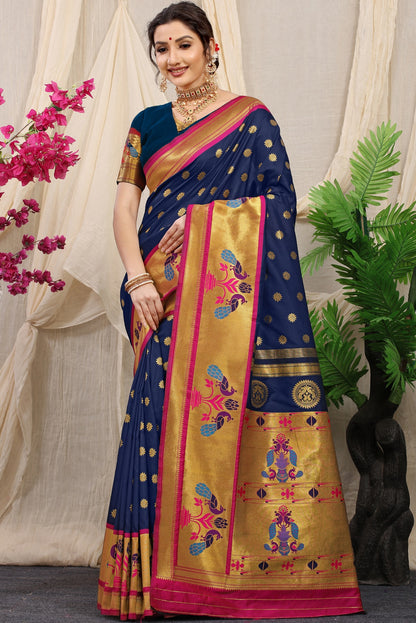 Groovy Blue Paithani Silk Saree With Splendorous Blouse Piece