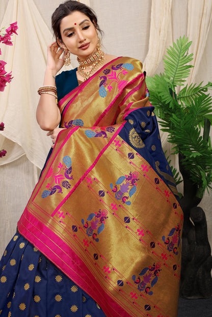 Groovy Blue Paithani Silk Saree With Splendorous Blouse Piece