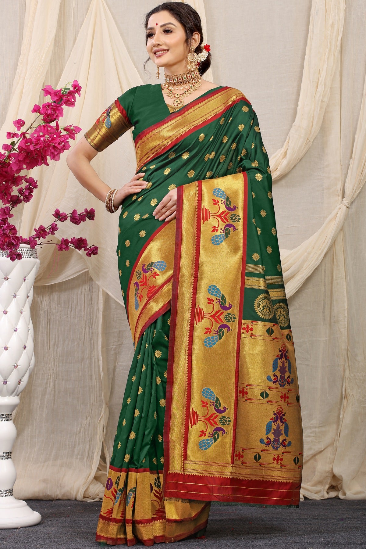 Exceptional Green Paithani Silk Saree With Splendorous Blouse Piece