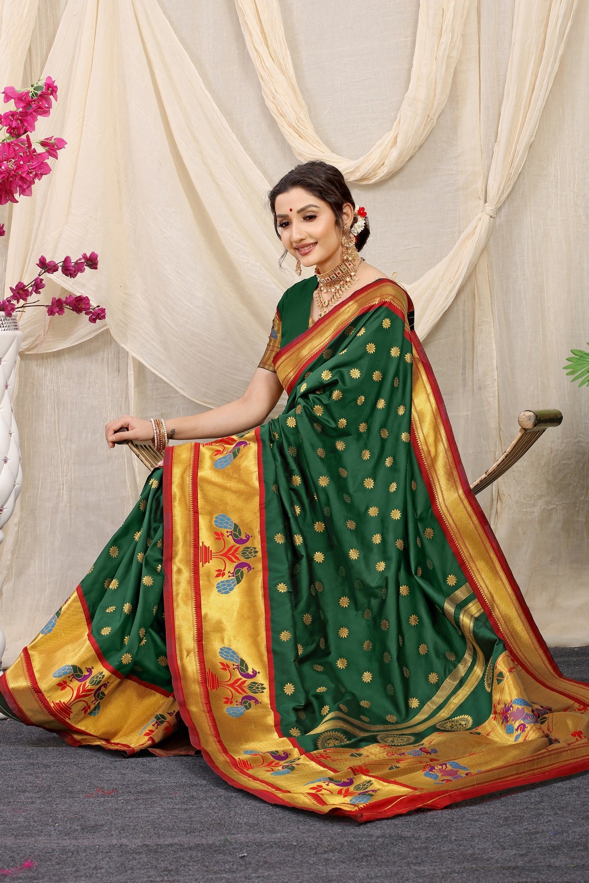Exceptional Green Paithani Silk Saree With Splendorous Blouse Piece
