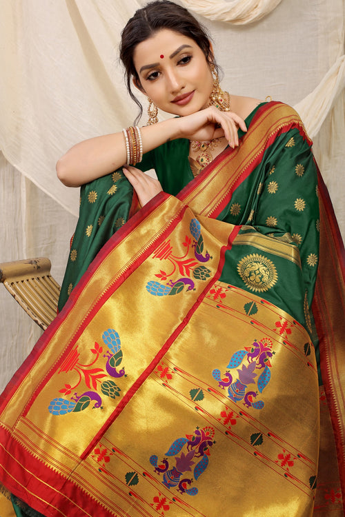 Bottle Green Paithani Saree with Gold Tissue Border - Tulsi Weaves