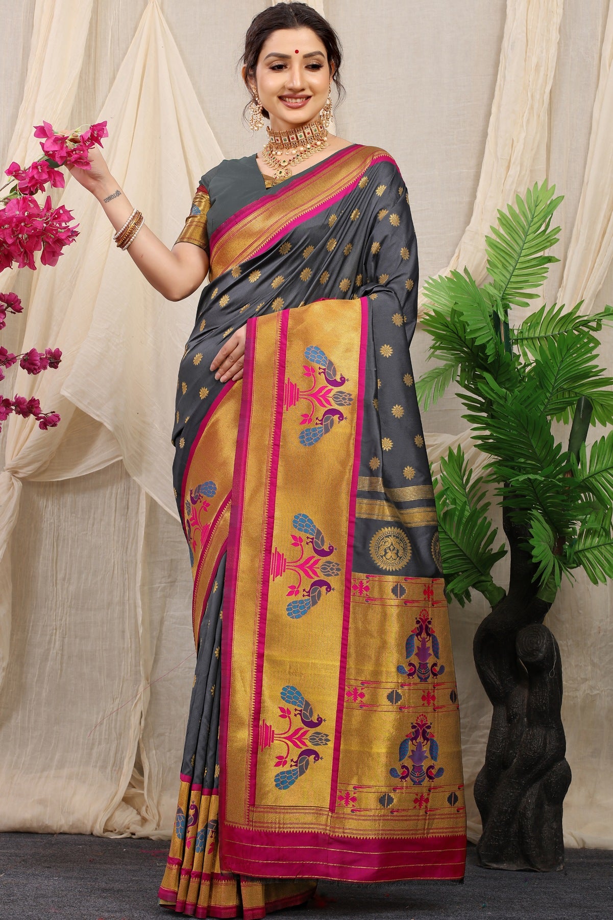 Prominent Grey Paithani Silk Saree With Splendorous Blouse Piece