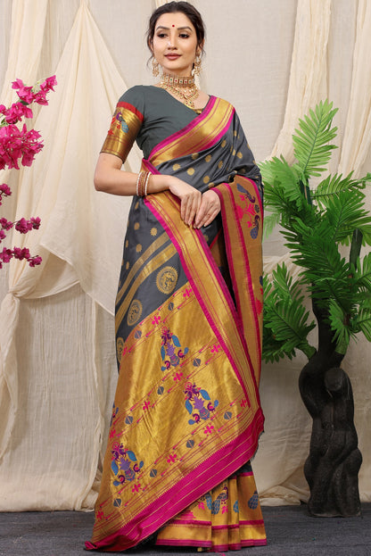 Prominent Grey Paithani Silk Saree With Splendorous Blouse Piece