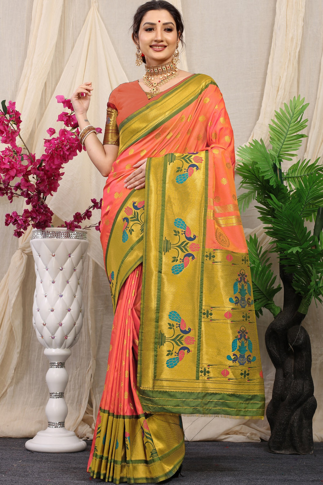 Captivating Peach Paithani Silk Saree With Splendorous Blouse Piece