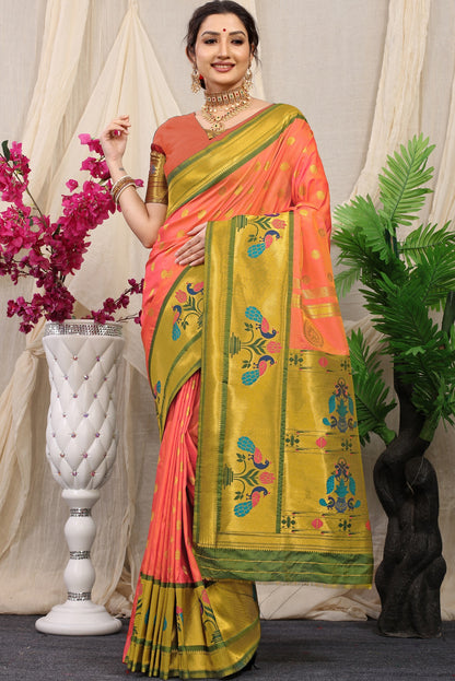 Captivating Peach Paithani Silk Saree With Splendorous Blouse Piece