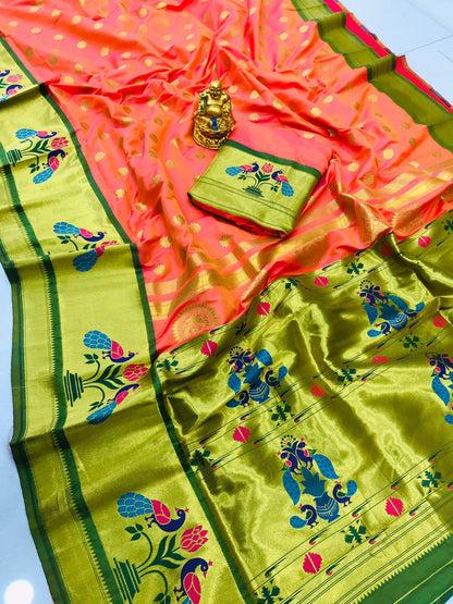Captivating Peach Paithani Silk Saree With Splendorous Blouse Piece