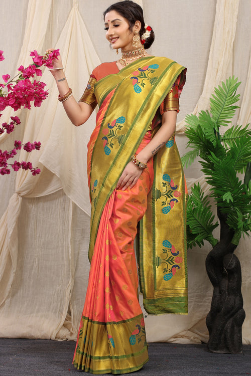 Load image into Gallery viewer, Captivating Peach Paithani Silk Saree With Splendorous Blouse Piece
