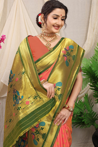 Captivating Peach Paithani Silk Saree With Splendorous Blouse Piece
