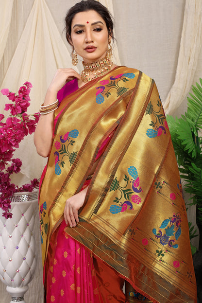 Hypnotic Pink Paithani Silk Saree With Splendorous Blouse Piece
