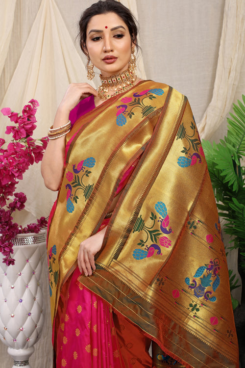 Load image into Gallery viewer, Hypnotic Pink Paithani Silk Saree With Splendorous Blouse Piece
