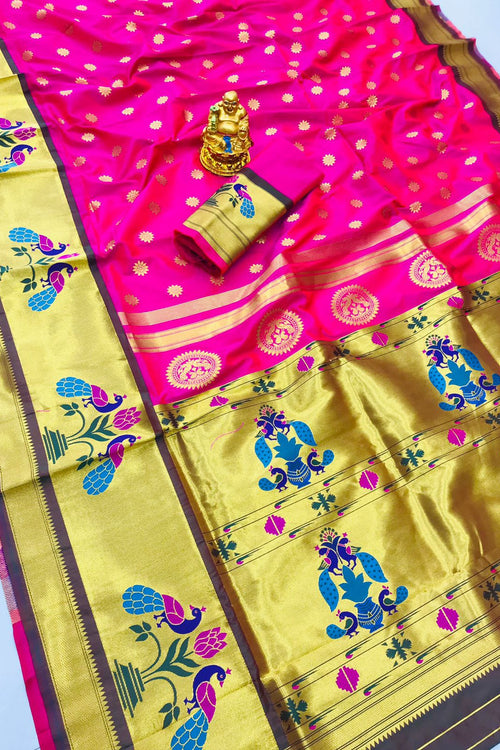 Load image into Gallery viewer, Hypnotic Pink Paithani Silk Saree With Splendorous Blouse Piece
