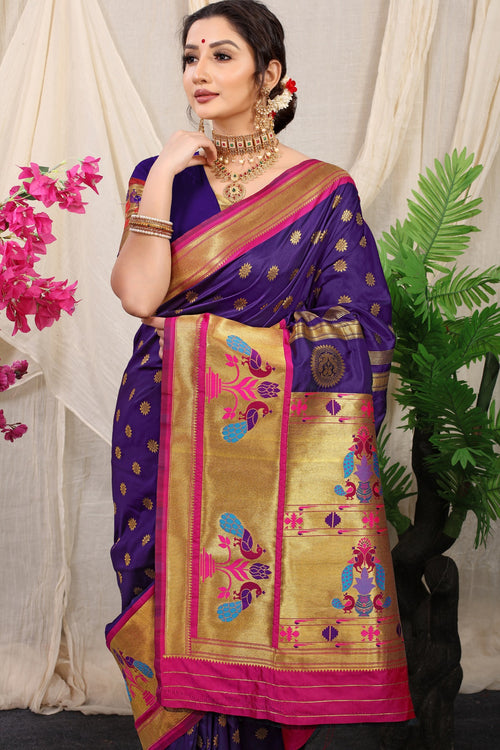 Load image into Gallery viewer, Majesty Purple Paithani Silk Saree With Splendorous Blouse Piece
