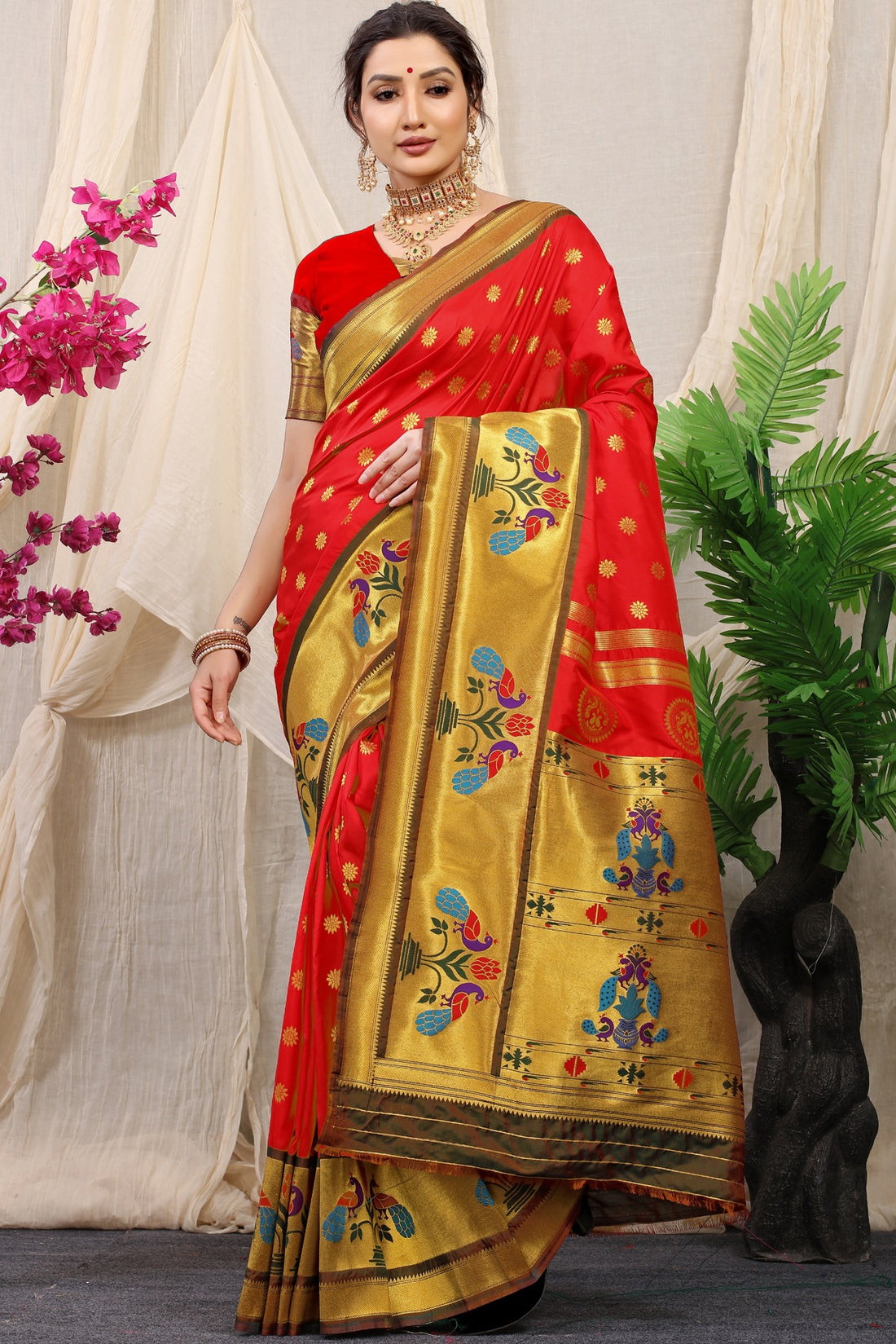 Ravishing Red Paithani Silk Saree With Splendorous Blouse Piece