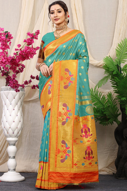 Radiant Turquoise Paithani Silk Saree With Splendorous Blouse Piece