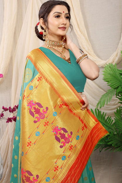 Radiant Turquoise Paithani Silk Saree With Splendorous Blouse Piece