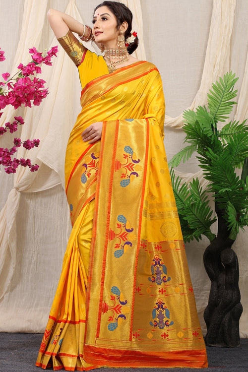 Load image into Gallery viewer, Opulent Yellow Paithani Silk Saree With Splendorous Blouse Piece
