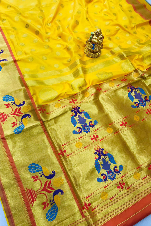 Load image into Gallery viewer, Opulent Yellow Paithani Silk Saree With Splendorous Blouse Piece
