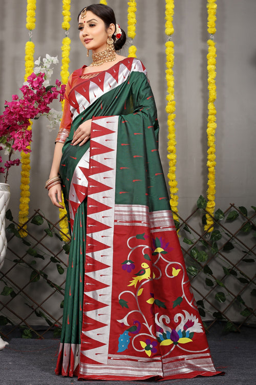 Load image into Gallery viewer, Scintilla Dark Green Paithani Silk Saree With Appealing Blouse Piece
