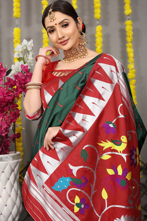 Load image into Gallery viewer, Scintilla Dark Green Paithani Silk Saree With Appealing Blouse Piece
