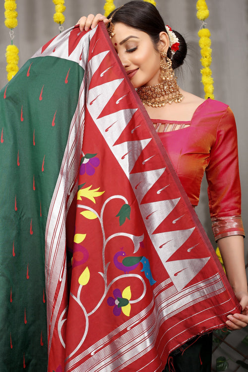 Load image into Gallery viewer, Scintilla Dark Green Paithani Silk Saree With Appealing Blouse Piece
