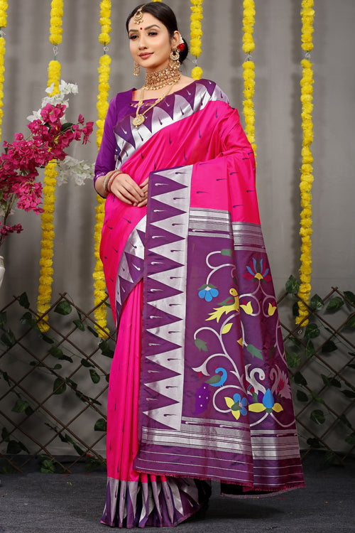 Load image into Gallery viewer, Sempiternal Dark Pink Paithani Silk Saree With Appealing Blouse Piece
