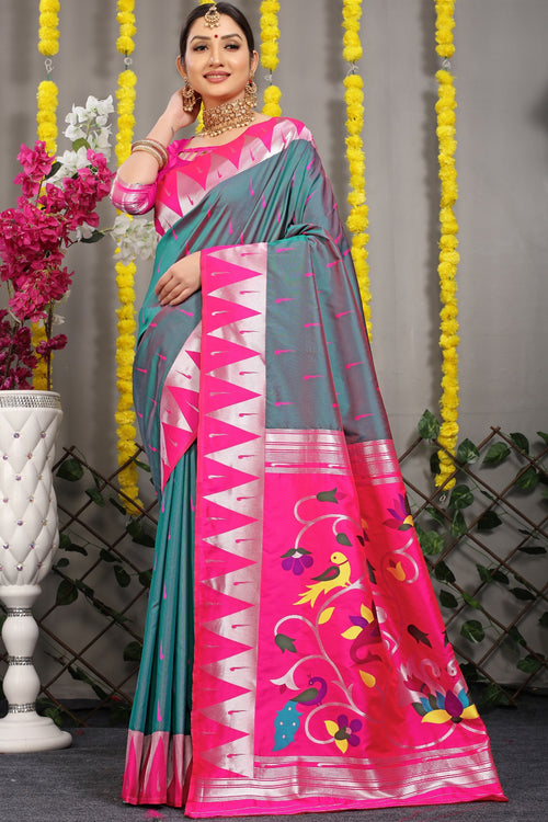 Load image into Gallery viewer, Serendipity Grey Paithani Silk Saree With Appealing Blouse Piece
