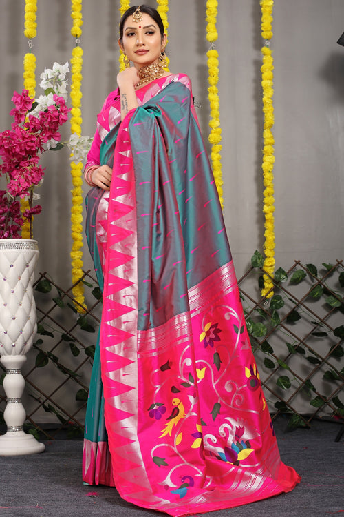 Load image into Gallery viewer, Serendipity Grey Paithani Silk Saree With Appealing Blouse Piece
