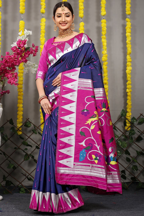 Load image into Gallery viewer, Sumptuous Navy Blue Paithani Silk Saree With Appealing Blouse Piece
