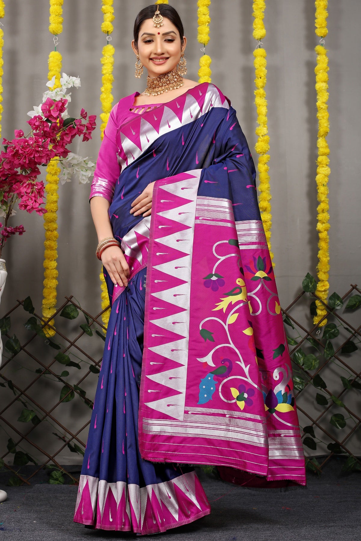 Sumptuous Navy Blue Paithani Silk Saree With Appealing Blouse Piece