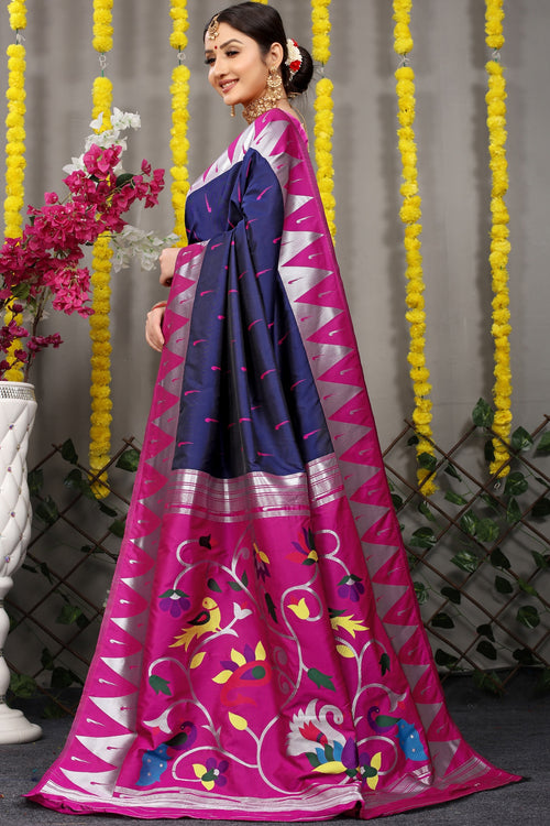 Load image into Gallery viewer, Sumptuous Navy Blue Paithani Silk Saree With Appealing Blouse Piece
