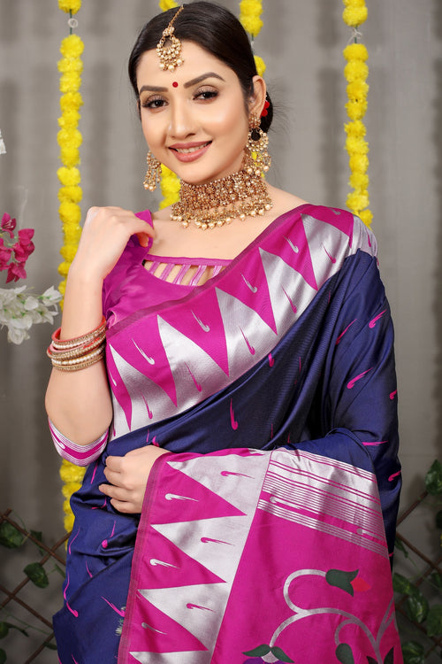 Load image into Gallery viewer, Sumptuous Navy Blue Paithani Silk Saree With Appealing Blouse Piece
