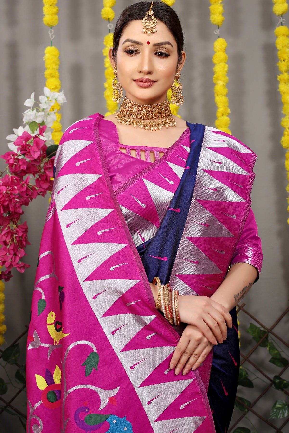 Sumptuous Navy Blue Paithani Silk Saree With Appealing Blouse Piece