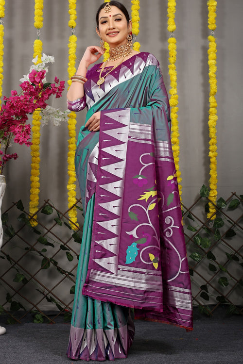 Load image into Gallery viewer, Susurrous Rama Paithani Silk Saree With Appealing Blouse Piece
