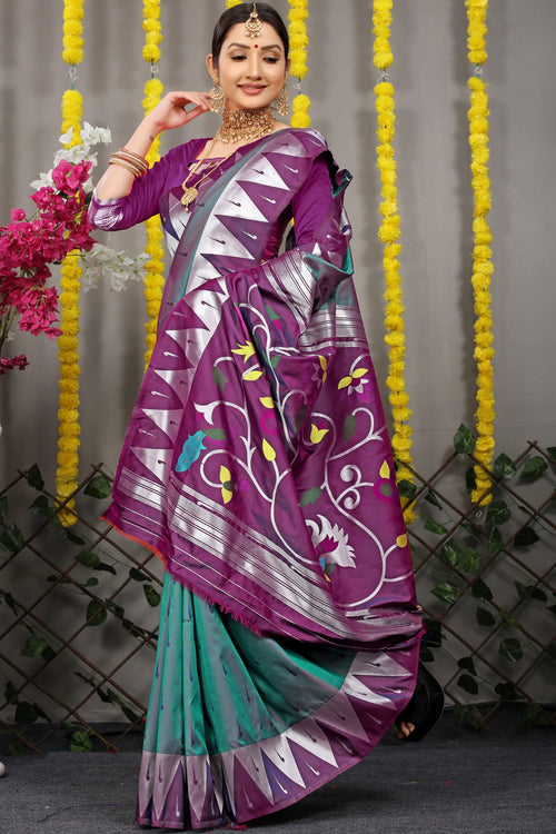 Load image into Gallery viewer, Susurrous Rama Paithani Silk Saree With Appealing Blouse Piece
