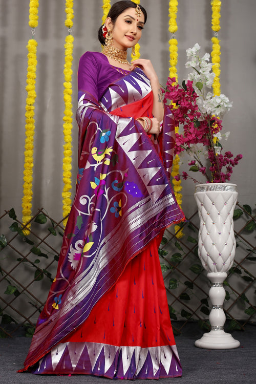 Load image into Gallery viewer, Vestigial Red Paithani Silk Saree With Appealing Blouse Piece
