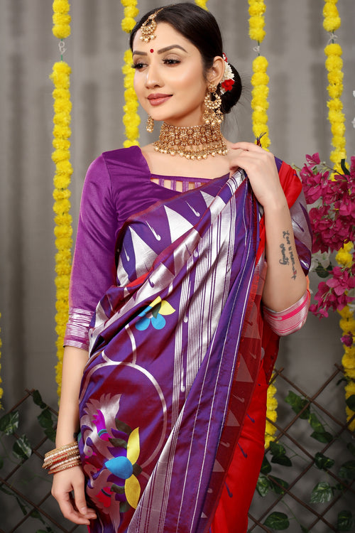 Load image into Gallery viewer, Vestigial Red Paithani Silk Saree With Appealing Blouse Piece
