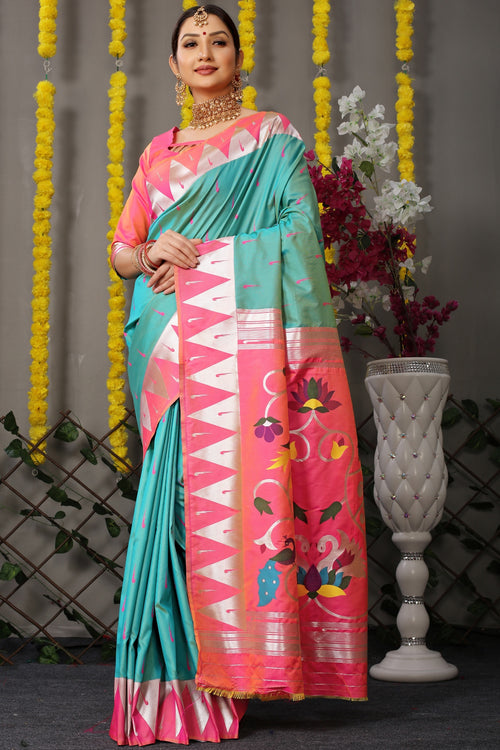 Load image into Gallery viewer, Woebegone Sky Paithani Silk Saree With Appealing Blouse Piece
