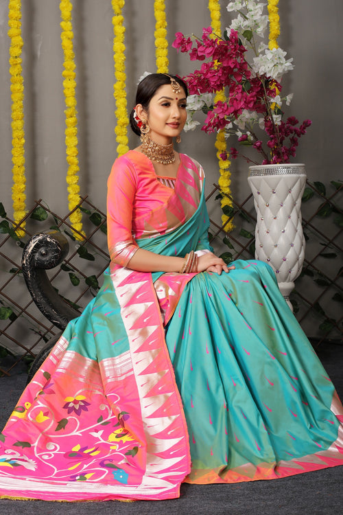 Load image into Gallery viewer, Woebegone Sky Paithani Silk Saree With Appealing Blouse Piece
