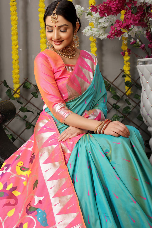 Load image into Gallery viewer, Woebegone Sky Paithani Silk Saree With Appealing Blouse Piece
