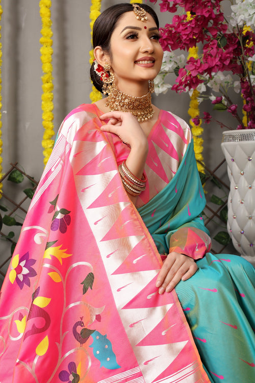 Load image into Gallery viewer, Woebegone Sky Paithani Silk Saree With Appealing Blouse Piece
