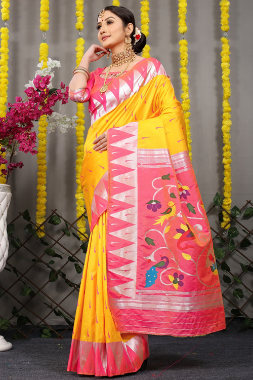 Load image into Gallery viewer, Devastating Yellow Paithani Silk Saree With Appealing Blouse Piece
