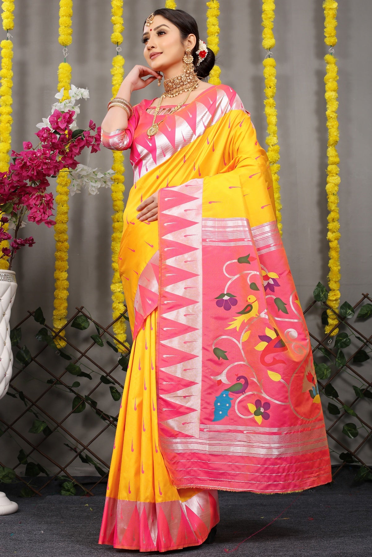 Devastating Yellow Paithani Silk Saree With Appealing Blouse Piece