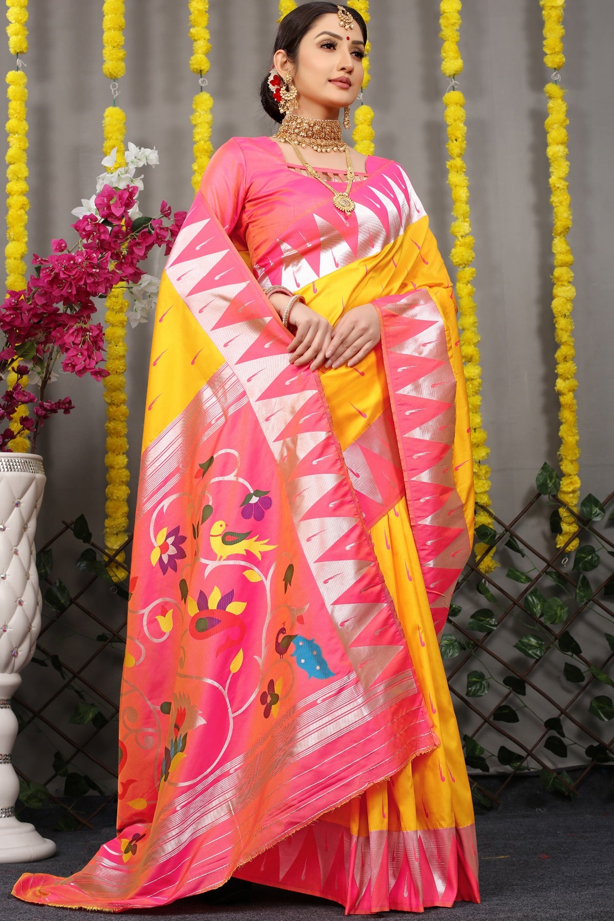 Devastating Yellow Paithani Silk Saree With Appealing Blouse Piece