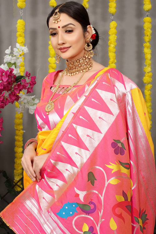 Load image into Gallery viewer, Devastating Yellow Paithani Silk Saree With Appealing Blouse Piece
