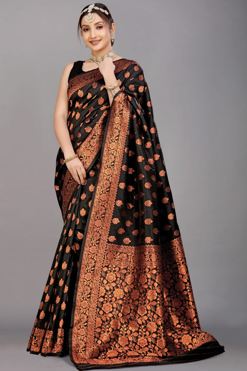 Load image into Gallery viewer, Quintessential Black Soft Banarasi Silk Saree With Nemesis Blouse Piece
