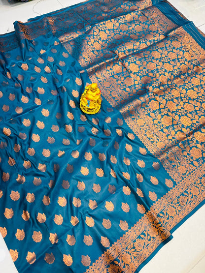 Quintessential Rama Soft Banarasi Silk Saree With Nemesis Blouse Piece