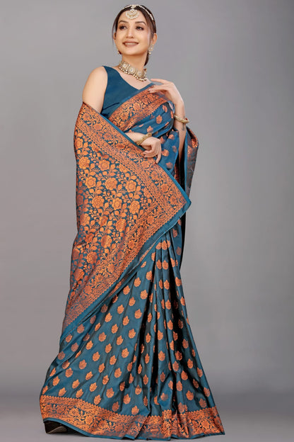 Quintessential Rama Soft Banarasi Silk Saree With Nemesis Blouse Piece