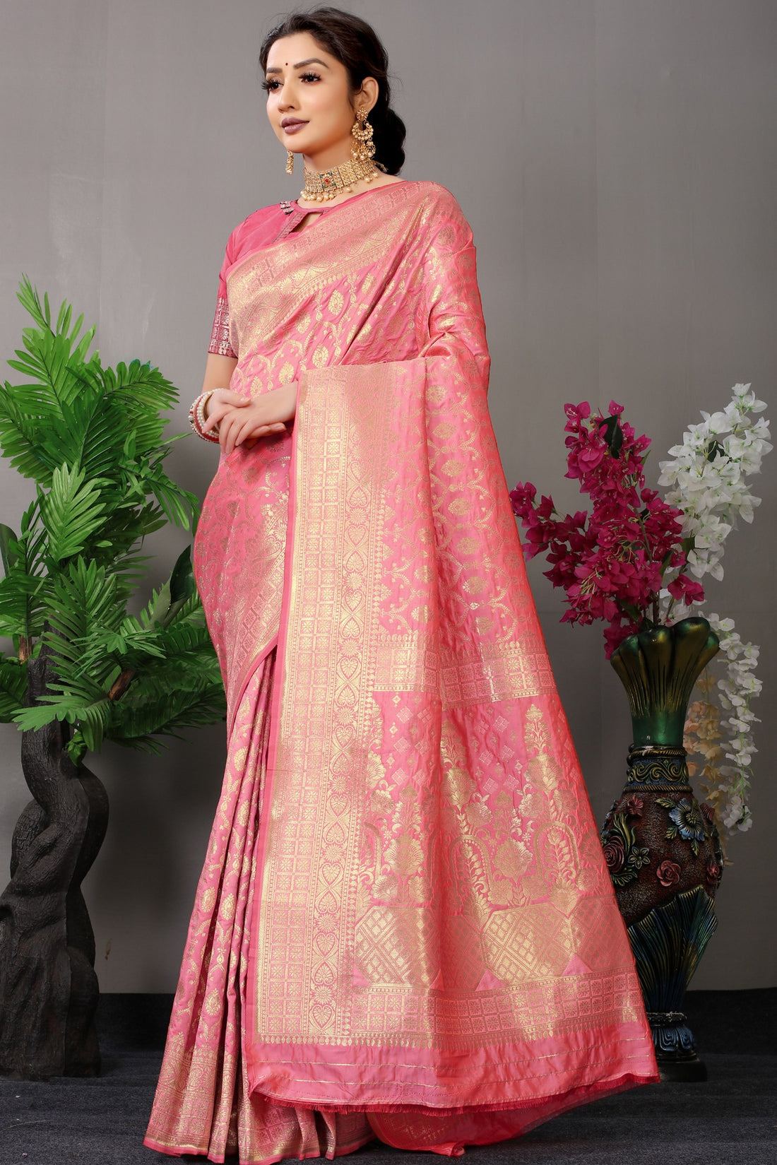 Glowing Baby Pink Banarasi Silk Saree With Fairytale Blouse Piece