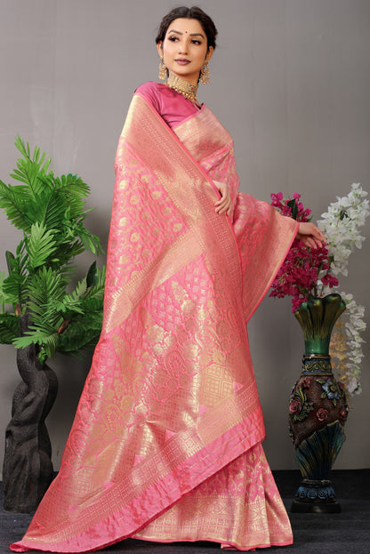 Glowing Baby Pink Banarasi Silk Saree With Fairytale Blouse Piece